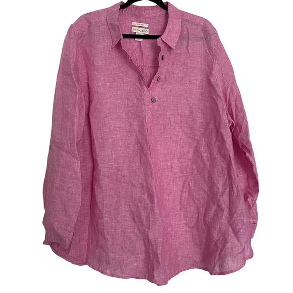 Cynthia Rowley Tops - Cynthia Rowley 100% Linen Long Sleeve Popover Shirt 2X Wooden Buttons Bohemian